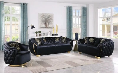 NEW 3PC Black Gold Sofa Loveseat Chair Tufted Velvet Modern Luxury Living Room - Image 1 of 4