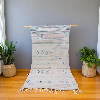 Vintage Moroccan Kilim Rug Runner White Pink Blue Geometric Wool - Image 1 of 4