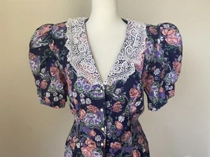 Abito vintage Lisa II taglia 10 colletto pizzo fantasia floreale navy - Foto 1 di 8