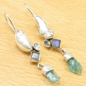 BIWA PEARL & Multistone Earrings 2.3" Exclusive 925 Solid Silver Women's Jewelry - Picture 1 of 2