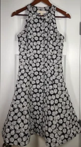 Michael Kors Sz 2 Button Front Dress High Round Neck Black & White Palm Leaf - Picture 1 of 6