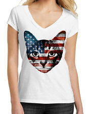 Junior's American Cat White V-Neck T-Shirt Usa Flag July 4 Us Pride Kitten B759