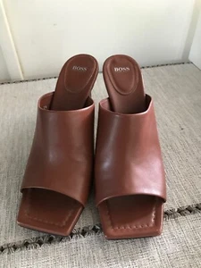 Boss Womens Size 8 Cognac Slip-On Open Toe Four Inch High Heel Sandals - Picture 1 of 5