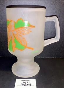 Indiana Tiara Frosted Glass Footed Mug Orange & Green Leaf - Picture 1 of 11