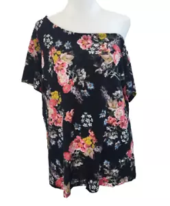 Torrid Cold Shoulder Floral Shirt Sleeve T Shirt Black Pink Womans Size 00 - Picture 1 of 12