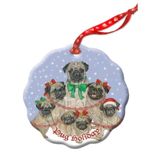 Pug Fawn Pug Holiday Porcelain Christmas Tree Ornament - Picture 1 of 2