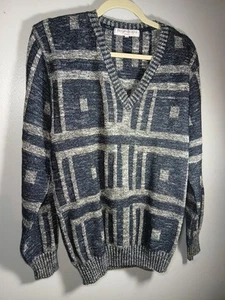 Vintage Style YSL Tricots Sweater Geometric Knit Blue White Medium 80s Look - Picture 1 of 6