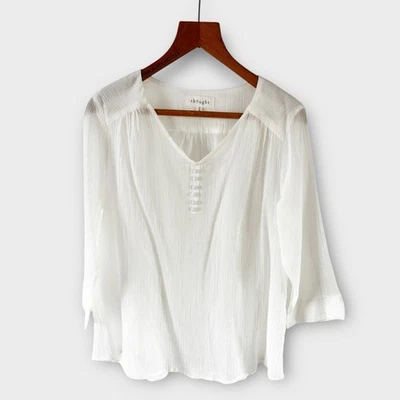 Thought Sz 14 White Blouse Top Crinkle V Neck 3/4 Sleeve Casual Summer Work - Image 1 of 4
