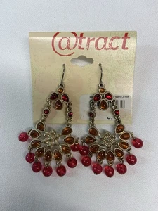 NWT Fashion Earrings , Dangle, W/ Red Beads And Glass Settings, Hooks - Picture 1 of 5