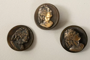 Lot 3 Cameo Type Buttons (R4A/JSF6) Metal Female Bust 1 & 1/8" Bakelite Back - Picture 1 of 10