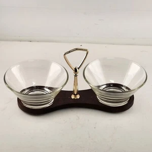 2 Glass Bowl Condiment Serving Set with Handled Walnut Wood Carrier MCM Japan - Picture 1 of 12