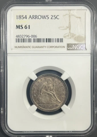 1854 Arrows NGC MS61 Seated Liberty Quarter 25c - Lustrous Original Toned Cover
