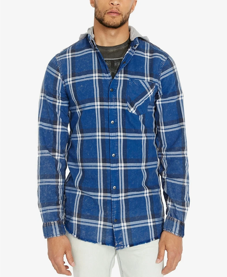 Buffalo David Bitton Men's Classic-Fit Hooded Plad Sak-X Snap-Button Shirt, Blue - Image 1 of 1