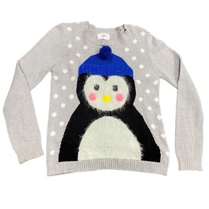 Justice Girls 18 Gray Fuzzy Penguin Sweater Tight Knit Long Sleeves Snow Winter - Picture 1 of 11