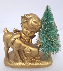 Vintage Weihnachtsengel hält Baby Rehkitz Kerzenhalter Flaschenbürste Baum Gold  - Bild 1 von 9