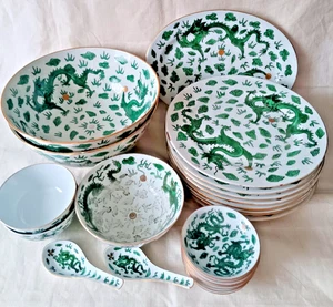 China Porzellan Speiseservice – Grüner Drache – Dekor 23 Teile - Suppenschüssel - Bild 1 von 15