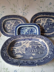 Blue & White WILLOW Pattern Deep Meat Platters Various Sizes X 4 Very Old - Picture 1 of 15