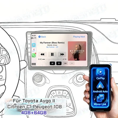 4+64GB Android15 Autoradio Carplay GPS Für Toyota Aygo II Citroen C1 Peugeot 108 - Bild 1 von 4