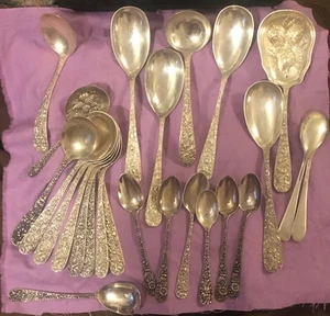Collection of 27 Stieff & Kirk Sterling Silver Serving Spoons Repoussé Flowers - Picture 1 of 24