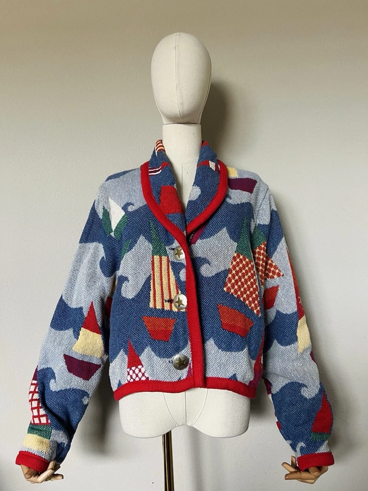 Винтажный окрашенный пони женщин гобелен куртка геометрический абстрактный паруса лодки океана OS - Изображение 1 из 4