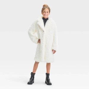 Girls' Long Faux Fur Jacket - art class Ivory XL - Picture 1 of 3