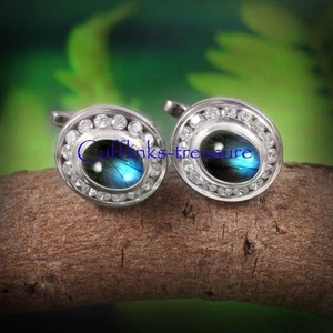 Natural Labradorite & CZ Gemstones with 925 Sterling Silver Cufflinks For Men #3 - Picture 1 of 6