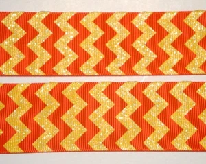 5 YARDS 1.5 ORANGE YELLOW HALLOWEEN GLITTER CHEVRON CANDY CORN GROSGRAIN RIBBON - Picture 1 of 1