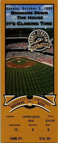 1999 "Closing Day" Full Ticket-Brewers vs Reds-October 3, 1999 Cover