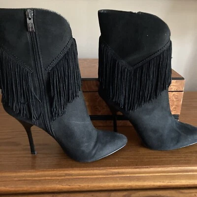 Nina New York "Tracy Sue" Black Suede Fringed Stiletto Heels Boots Booties 9M - Image 1 of 4