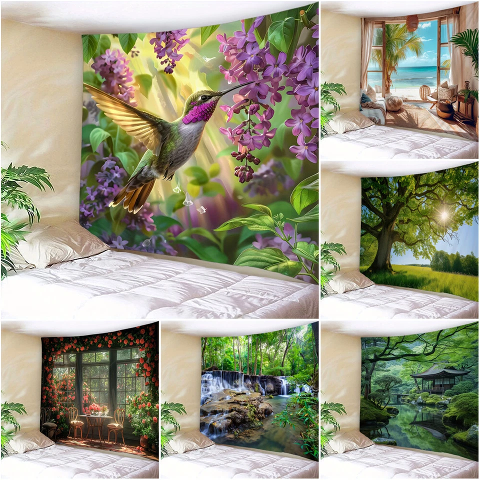 Large Flowers Window View Tapestry Wall Hanging Bedspread Throw Blanket Backdrop - Image 1 of 1