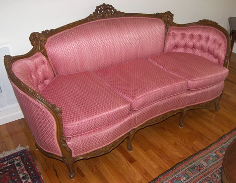 Antique French Victorian Sofa  Hand Carved Wood, newly reupholstered Cover