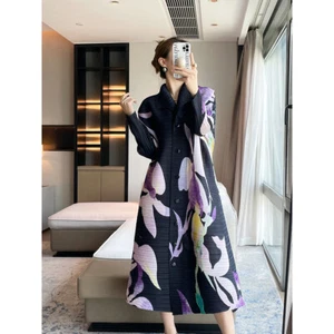 Women Pleated Elegant Lapel Dress Loose Fit Dress Casual Button Long Sleeve - Picture 1 of 13