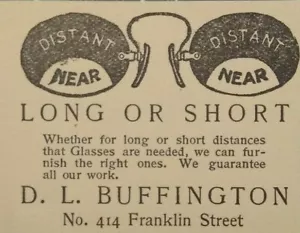 Anuncio impreso de colección Johnstown Pennsylvania 1904 D.L. OPTOMETRISTA OCULISTA BUFFINGTON - Imagen 1 de 3