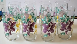 Libbey MCM Glass Tumblers Set of 8 Floral Pink, Yellow & Rare Purple Flower - Picture 1 of 5