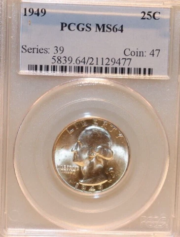 1949 US Washington Quarter 25c PCGS MS64 Blast White Cover