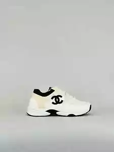 CHANEL REV White w/ Black CC Logo Leather & Mesh Size 35.5 Sneakers - Picture 1 of 7