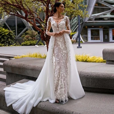  Elegante Vestido de Novia Sirena Cuello en O Desmontable Tren Encaje Apliques Vestido de Novia Foto 1 de 4