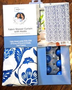 Stoff Blumen Duschvorhang mit Haken blau & weiß Hauptstützen - Bild 1 von 5