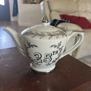 Vintage Lefton China Teapot 25th Anniversary, Silver Anniversary - Picture 1 of 3
