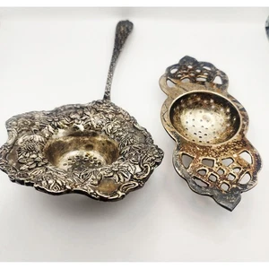 Antikes Godinger Jugendstil verziertes florales Silber Teesieb mit Löffel - Bild 1 von 7