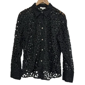 VINCE Scalloped Lace Button Down Shirt Long Sleeve Black Size Medium - Picture 1 of 11