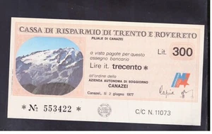 Miniassegno Cassa Risparmio Trento Rovereto Canazei Paesaggi 300 Lire 2-6-1977 - Picture 1 of 1