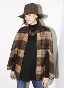 Karen Kane 3L98203 Brown Plaid Cape w/Faux Leather Trim - MSRP $198 - Picture 1 of 8