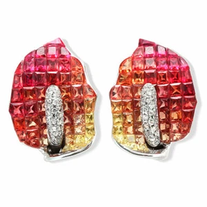 18K Gold 0.09 CT Diamonds & Invisible Set 12.6 CT Orange Sapphire Earring »E3237 - Picture 1 of 5