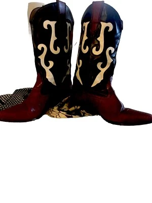 Woman’s Genuine Leather Red / Black Two Tone White Trim Cowboy Boots  - Image 1 of 4