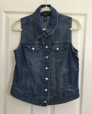 Chaleco azul vaquero Style & Co para mujer botones con joyas talla S Foto 1 de 4