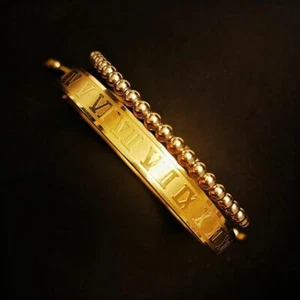 Heißer Luxus Herren Gold Edelstahl römische Ziffer Manschette Armband Armreif Armband - Bild 1 von 16