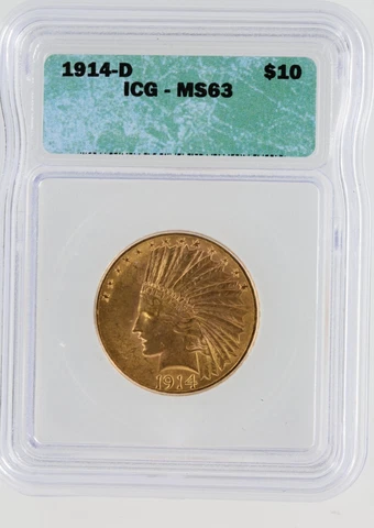 1914-D Gold Eagle ICG MS63 $10 Indian Head Denver Minted Gold Coin Cover