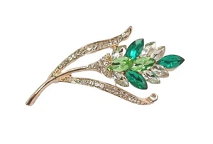 Green crystal flower pin brooch with clear crystals, light and dark green NEW - Picture 1 of 5