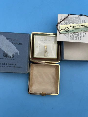 VTG Seth Thomas Wind Up Travel Alarm Clock Gold Color Germany w Box Classmate 15 Cover